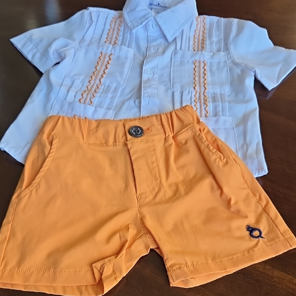 Blue Quail Vibrant Orange Boy's Guayabera And Short Set